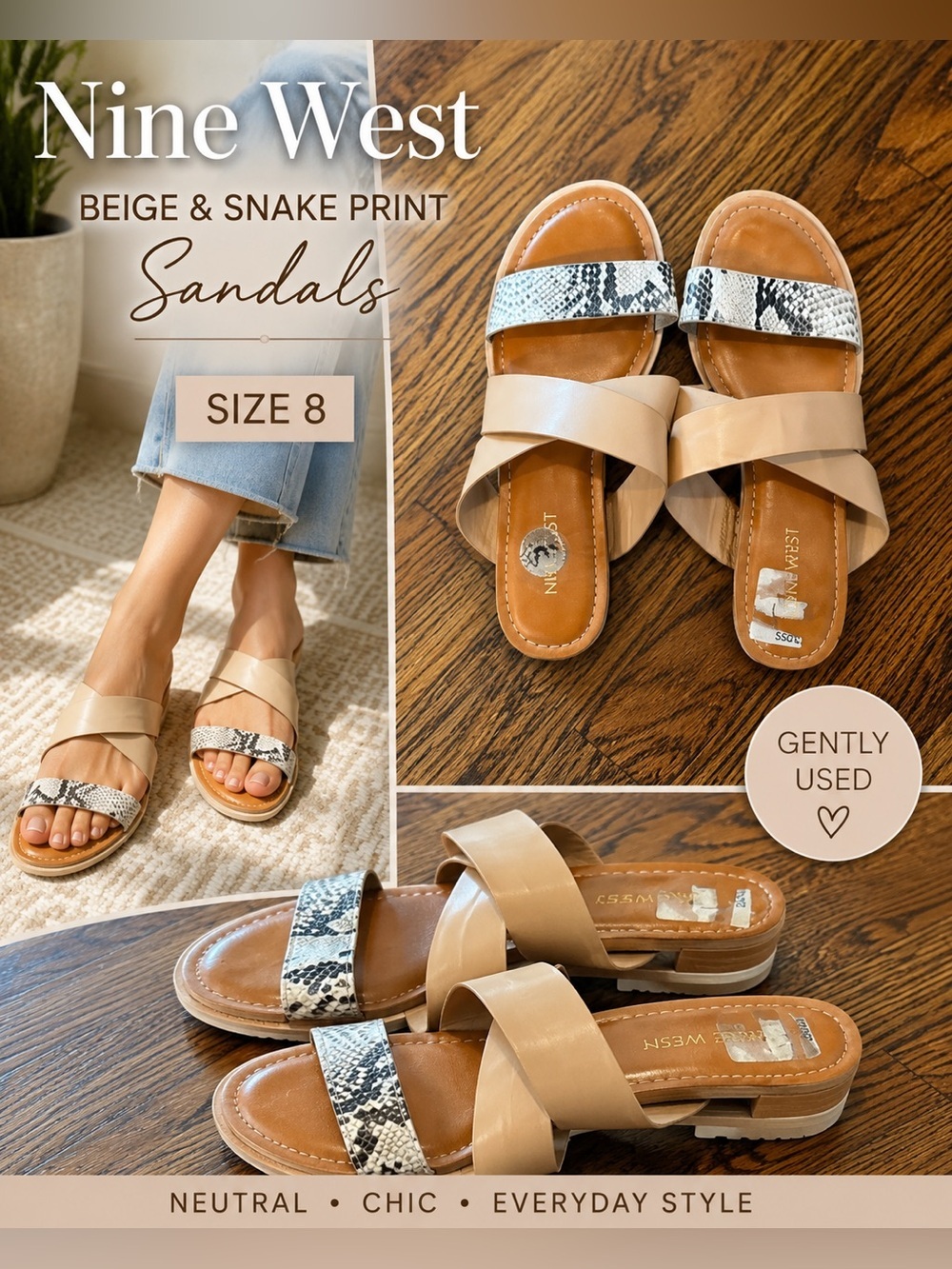 Nine West Beige & Snake Print Slide Sandals Size 8